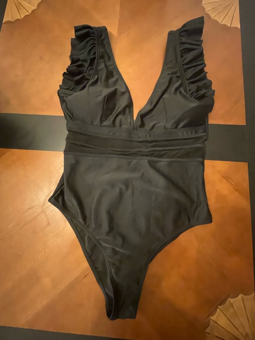 Black Ruffle Shoulder One-Piece Swimsuit